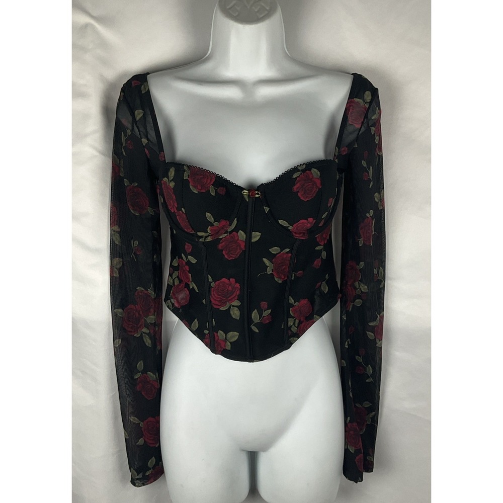 Garage Size XS Aria Bustier Corset Mesh Black Rose Floral Crop Top